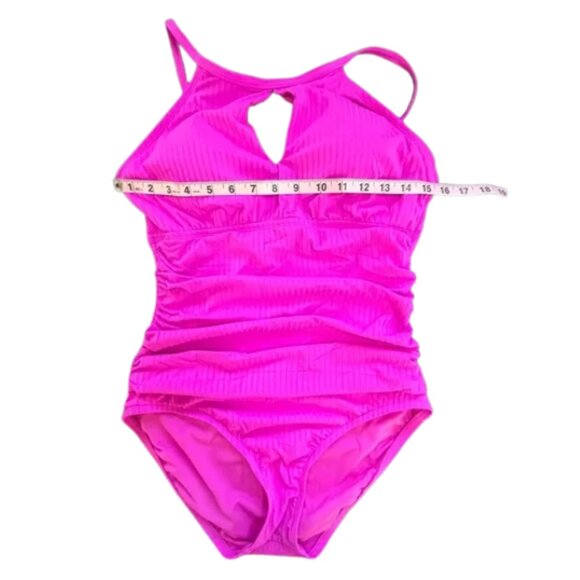 Ellen Tracy One Piece Keyhole Rib High Neck Over the Shoulder Swimsuit Size 12 - Picture 9 of 10